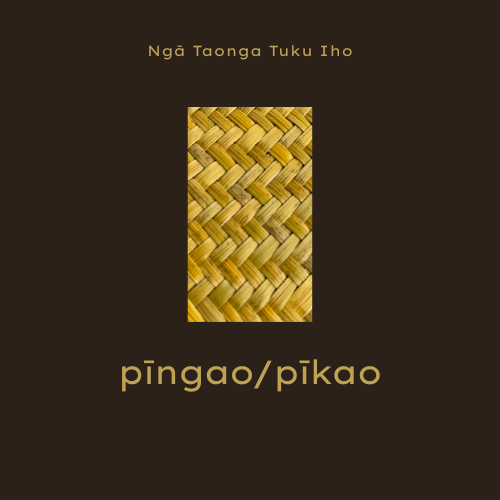 Title graphic reading "pīngao/pīkao" on a dark brown background, with a close-up inset of golden pīngao weaving and the text "Ngā Taonga Tuku Iho" above.